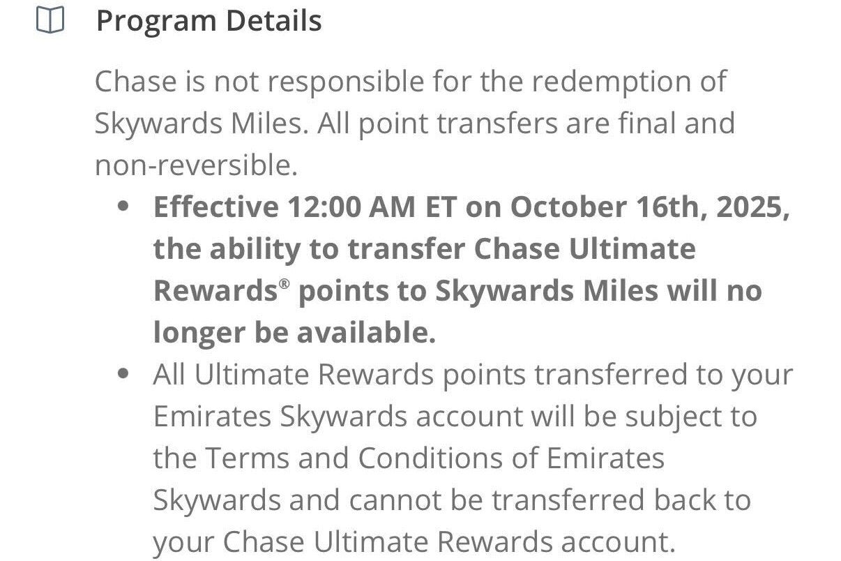 You are currently viewing Chase Ultimate Rewards to lose Emirates Skywards as a transfer partner Oct. 16